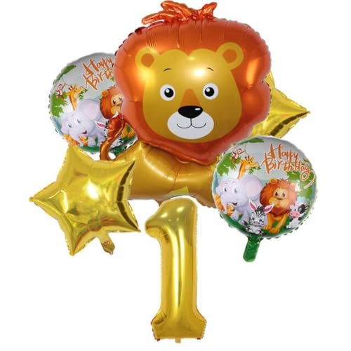 DIWULI großes Löwe Tier Luftballon Set, Zahl 1, XXL Zahlen-Ballon gold, Happy Birthday Folien-Ballons, 1. Kinder-Geburtstag Junge, Motto-Party, Tier-Party Dekoration Tier-Ballon Luft-Tier Dschungel