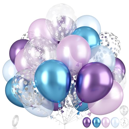 Frozen Luftballons, Dagelar 30PCS Helium Ballons Lila Blau, Metallic Blau Lila Luftballons with Schneeflocke Silber Konfetti Ballons für Frozen Geburtstagsdeko Elsa Deko Geburtstag Mädchen Babyparty