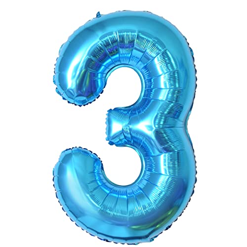 Geburtstag zahlen luftballon 3 jahre | Folienballon 3 XXL Blau-Riesen Folienballon in 40" - 101cm Geburtstagsdeko - Ballon Zahl Deko zum Geburtstag - fliegt mit Helium