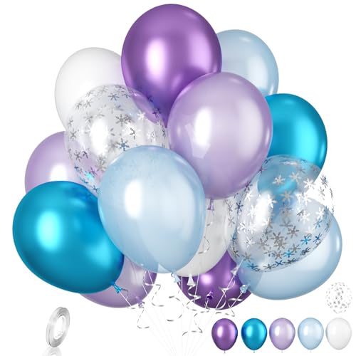 Frozen Luftballons, 20 Stück Blau Lila Luftballons, 12 Zoll Silber Schneeflocken Konfetti Ballons Metallic Blau Lila Latexballon für Mädchen Geburtstag Babyparty Schneeflocke Eis Schnee Party Deko