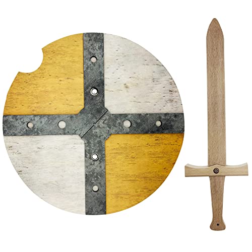 GERILEO Mittelalterliches Holz Schild und Schwert - Spielzeug für Jungen und Mädchen - Spielzeug für Jungen, Mittelalterliche Kostüme, Vikinger, Ritter, Thor, Ragnar (Gelb)
