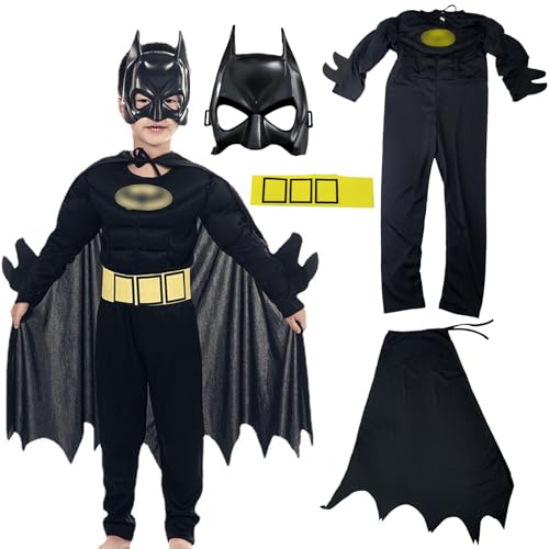 Batman Kostüm mit Katman Maske, Batman-Kostüm für Jungen with Padded Muscles, Cosplay, Halloween-Karnevalskostüme (130cm)