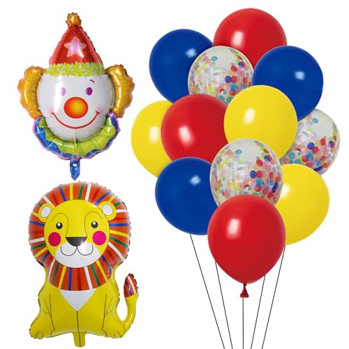 ALEGRE Zirkus Deko Tiere Folienballon,Karneval Deko Clown Ballon,Zirkus Spielzeug Löwe Luftballons Geburtstag,Luftballon Rot Blau Gelb Kindergeburtstag Deko,Konfetti Ballons für Baby Shower Party Deko