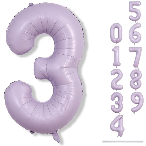 101cm Pastell Lila Luftballon Zahl 3, 40" Groß Flieder Folienballon Zahlen 3, Zahlenballon 3. Geburtstag für Mädchen, Hell Lilac 3 Helium Ballon zum Frau Geburtstagsdeko Jubiläum Neujahr Party Deko