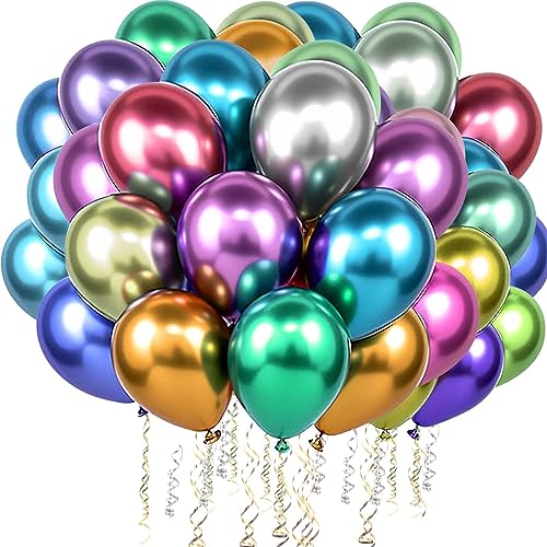 PuretéavHom 60 Stück Luftballons Bunt Helium Ballons mit 3 Rollen farbiger Bänder 12 Zoll Luftballon Latexballons Metallic Luftballons für Geburtstagsdeko Hochzeit Taufe Deko Partydeko