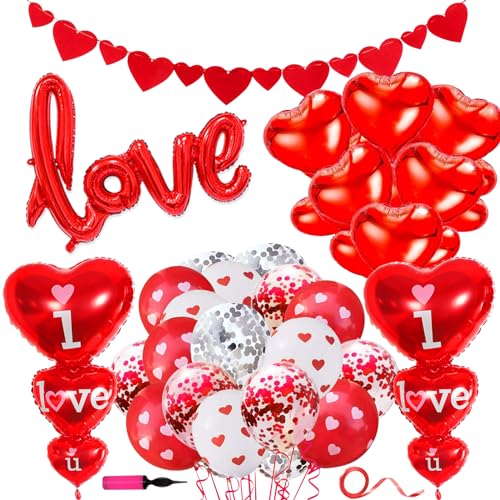 Valentinstag Luftballons Dekoration Set,Groß Rote Liebe Herz Luftballons Rote Konfetti Luftballons Rote Herzen Banner Für Valentinstag Hochzeitstag Braut Engagement Romantische Dekoration