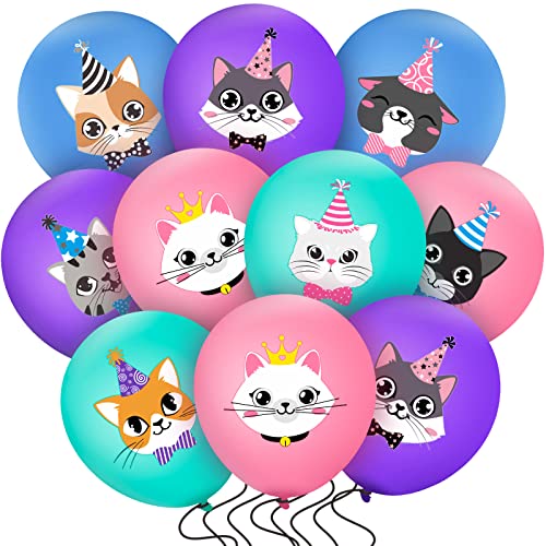 40 Stück Latex Luftballons für Katzen Geburtstage, Niedliche Karikatur Kätzchen Druck Luftballons Katzen Party Dekoration Tier Haustier Geburtstag Party Zubehör, Blau Rosa Lila und Grün