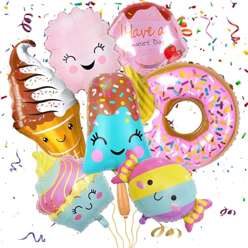 Donut Folienballon, 7pcs Eiscreme Party Deko, Eiscreme Ballons, Folienballon Candy, Ice Cream Balloon, Geeignet für Geburtstagsballons zum Thema Eiscreme für Jungen und Mädchen
