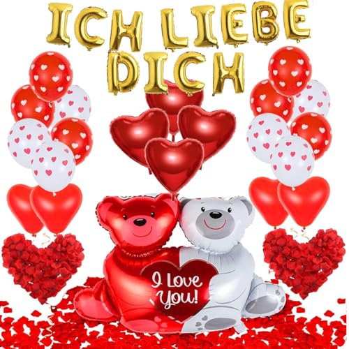 Valentinstag Deko Set, Valentinstag Dekoration Luftballons, 1000 Rosenblätter, Ich Liebe Dich Deko, Herz Deko Herzluftballons Rot, Herz Teddy Folienballons
