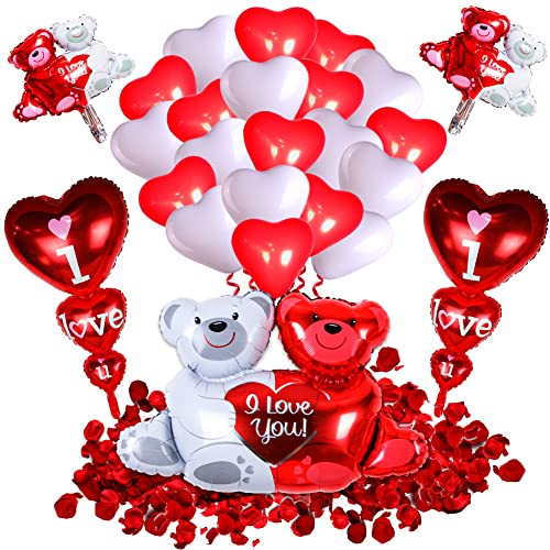 Valentinstag Luftballons Dekoration,I Love You Teddybären Ballon,Herzluftballons Rot Weiß,Rote Rosenblätter,Romantische Deko für Hochzeit,Heiratsantrag,Hochzeit Verlobungsfeier,Jahrestag.