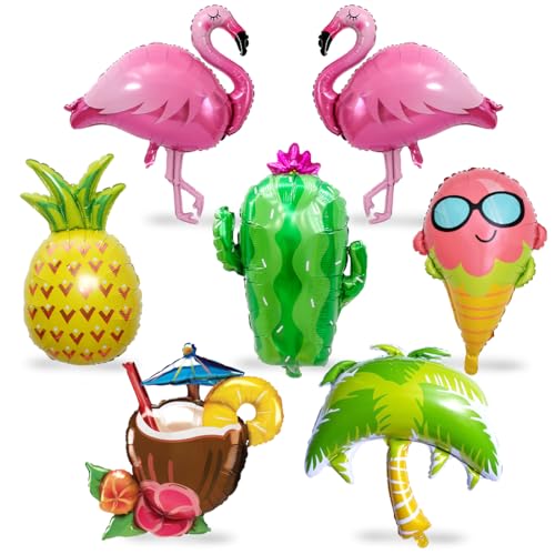 7 Stück Hawaii Party Folienballon, XXL Flamingo Ananas Kaktus Luftballons, Kokosnuss Baum Eiscreme Tropische Riesenballon, Sommerparty Helium Ballon für Aloha Geburtstag Pool Strandparty Dekoration