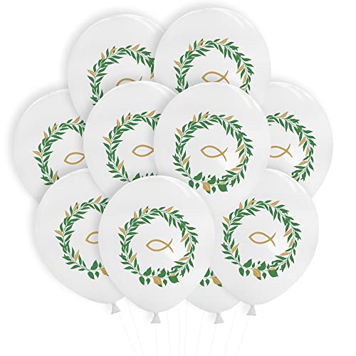 Oblique Unique® Fisch Luftballon Set - 10 Ballons mit Fischmotiv und Blätterkranz als Deko für Weihnachten Taufe Kommunion Konfirmation Weiß