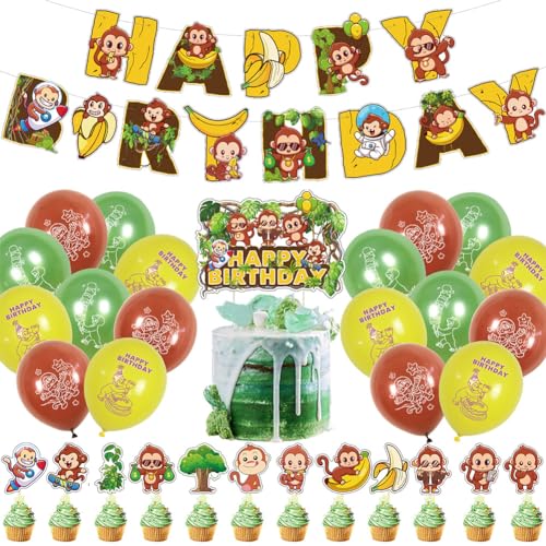Affe Geburtstag Dekoration,Affe Party Dekorationen Supplies enthält Cupcake Toppers Banner Latexballons Monkey Theme Geburtstag Party Dekoration 32 PCS