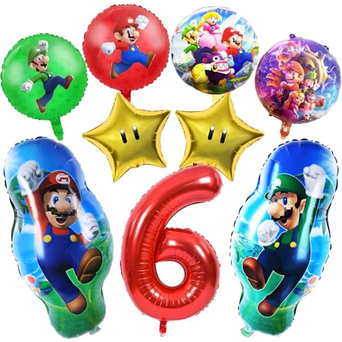9 PCS Folienballons, 6 Jahre Geburtstag Party Dekorationen, Party Dekorationen enthalten Nummer 6 Folienballon, Stern Luftballons, runde Luftballons für Kindergeburtstag Party