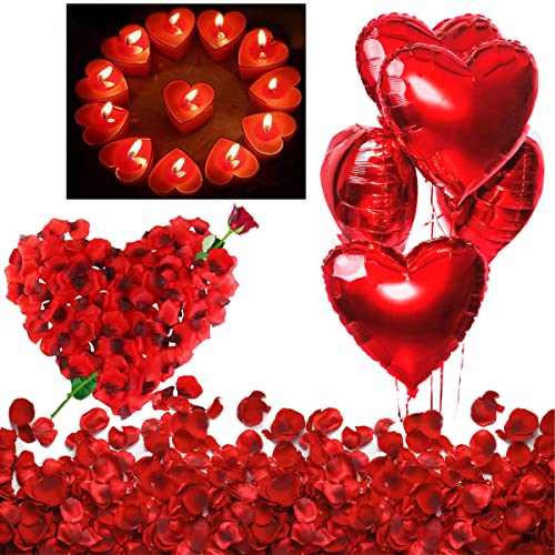 Romantische Kerzen Rote Teelichter und Rosenblätter, Romantisch Deko Set, Teelichter Herzform, Seide Rote Rosenblüten, Rote Herzförmige Folienballons