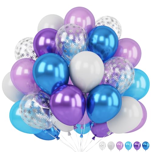 Luftballons Frozen, 12 Zoll Frozen Metallic Blau Lila Weiß Geburtstag Luftballon mit Schneeflocken Konfetti Latex Ballons Party Deko für Mädchen Geburtstag Winterparty Hochzeit Deko