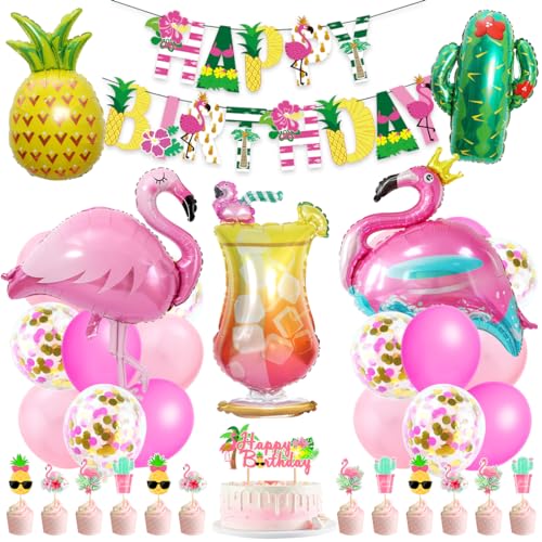 Hawaii Party Deko, Flamingo Geburtstags Deko, Folienballon Flamingo Frucht, Beach Hawaii ballons mit Banner, Hawaii Dekoration Set für Geburtstags Party Tropische Sommer Strand Zubehör