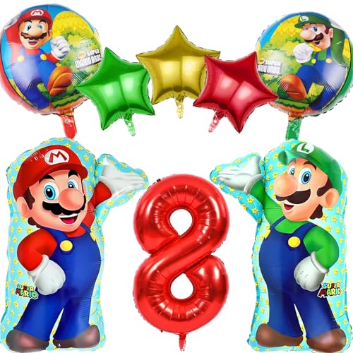 8 Stück Mario Geburtstagsdeko Kinder 8 Jahre, Super Mario Luftballons Geburtstag 8 Jahre, Folienballon Party Deko, Mario Ballons 8 Geburtstag für Kindergeburtstag Party Deko
