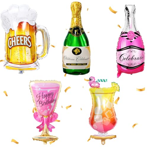 5 Stück Champagner Luftballons, XXL Bier Ballons, Folienballon Champagner, Riesen Wein Flaschen Heliumballon, Whisky Flasche Weinglas für Geburtstag Urlaub Hochzeit Bierthema Party Dekoration