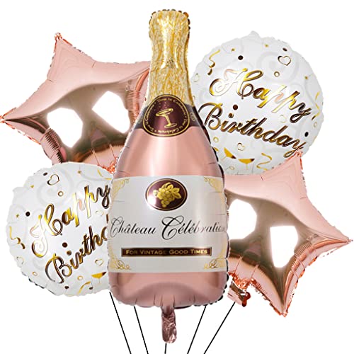 Cymeosh Folienballon Champagne Rosegold, 5 Stück Riesen Luftballon Weinflasche Sektflasche Ballon Weinglas Bier Helium Ballon Happy Birthday Deko für Geburtstag Hochzeit Party Dekoration
