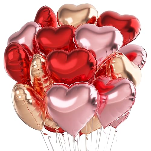 Herz Folienballon 24 Stück，Herzballons Hochzeit Rot Rosa Roségold,Herz Helium Luftballons,Herzluftballons für Party,Geburtstag,Valentinstag, Hochzeit, Verlobung,Muttertag（Rot Rosa Roségold）