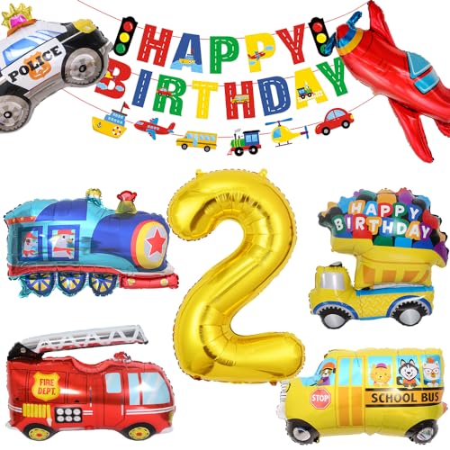 Bluelves Geburtstagsdeko 2 Jahre Folienballon,Auto Geburtstag Deko 2. Jungen,Feuerwehrfahrzeuge Truck Happy Birthday Girlande Banner,Polizeiauto Motorrad Luftballons für Kinder Party