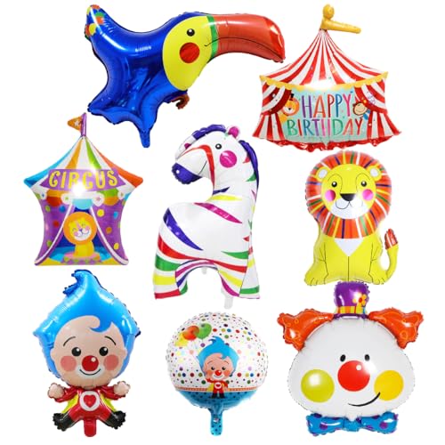 8 Stücke Zirkus Tiere Folienballon, Clown Ballon, XXL Aluminium Folie Zebra ballon, Zirkus Löwe Luftballons, Zirkuszelt Riesenballon zum Karneval Urlaub Geburtstag Baby Shower Thematische Party Deko