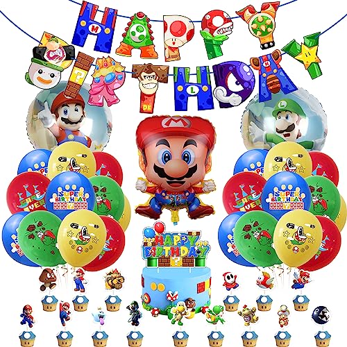 42 PCS Super Mario Thema Party Dekoration,Mit Mario Luftballons,Folienballons,Cupcake Topper,HAPPY BIRTHDAY Banner,für Jungen Mädchen Geburtstag Partydekorationen