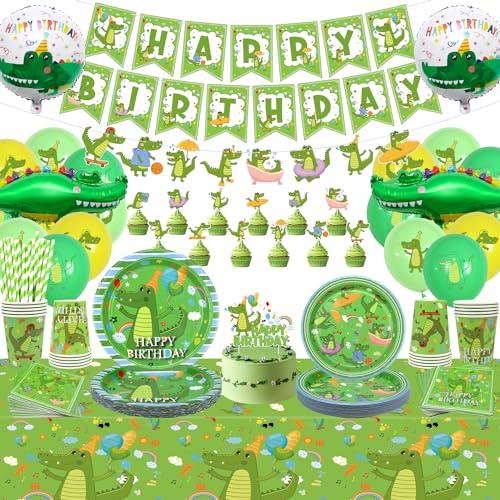 Obussgar Krokodil Geburtstag Party Supplies-Krokodil Geburtstag Party Dekorationen einschließlich Banner, Kuchen Dekorationen, Teller, Tassen, Servietten, Tischdecke, Luftballons (B)
