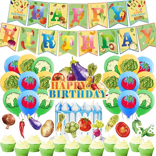 Gemüse Party Dekorationen Gemüse Geburtstag Party Zubehör Beinhaltet Gemüse Happy Birthday Banner Kuchen Topper Cupcake Toppers Ballons für Gemüse Party Baby Dusche Dekorationen