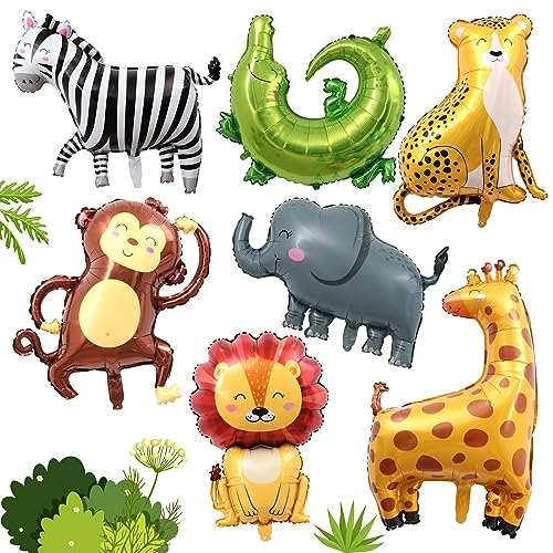 7 Stück Dschungel Tierballons, 3D Jumbo Leopard Löwe Affe Zebra Giraffe Helium Ballon Set, Folienballon Waldtiere für Kinder Jungen Mädchen Dschungel Geburtstag Dschungel Safari Tiere Babyparty