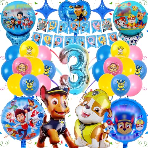 Paw Hund Geburtstag Deko 3 Jahre, Dog Patrol Luftballon, Paw Dog Patrol Deko Kindergeburtstag, Exquisite Patrol Party Deko, Hochwertige Ballons und Banner für Jungen und Mädchen Geburtstagsfeier