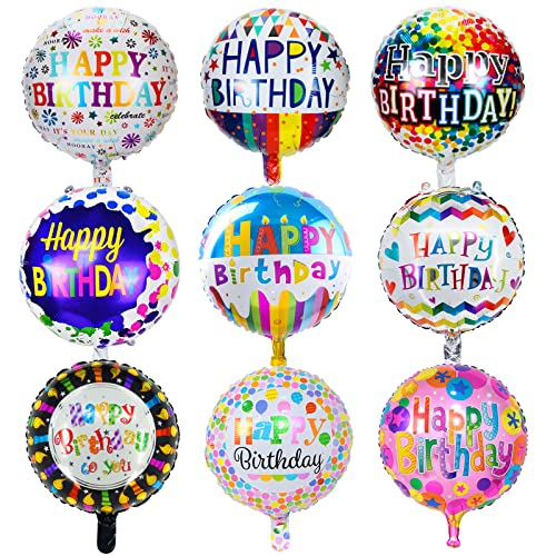 Folienballon Happy Birthday 9 Stücke,Geburtstagsballon mit Buntem Muster,Runde Geburtstags Helium Ballon,Luftballons Geburtstag Geburtstagsfeier Dekoration Für Kinder Junge Mädchen und Erwachsene